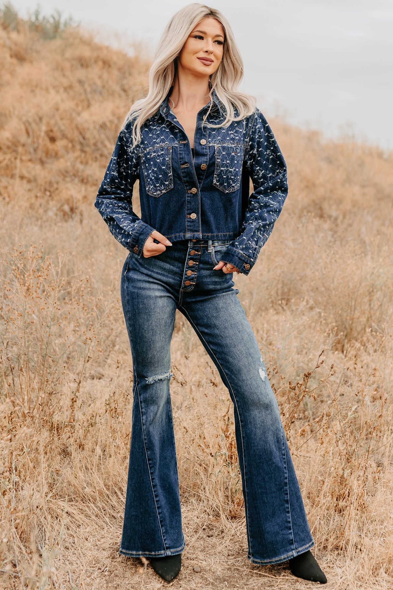 Say Less Do More Patterned Denim Jacket (Dark)
