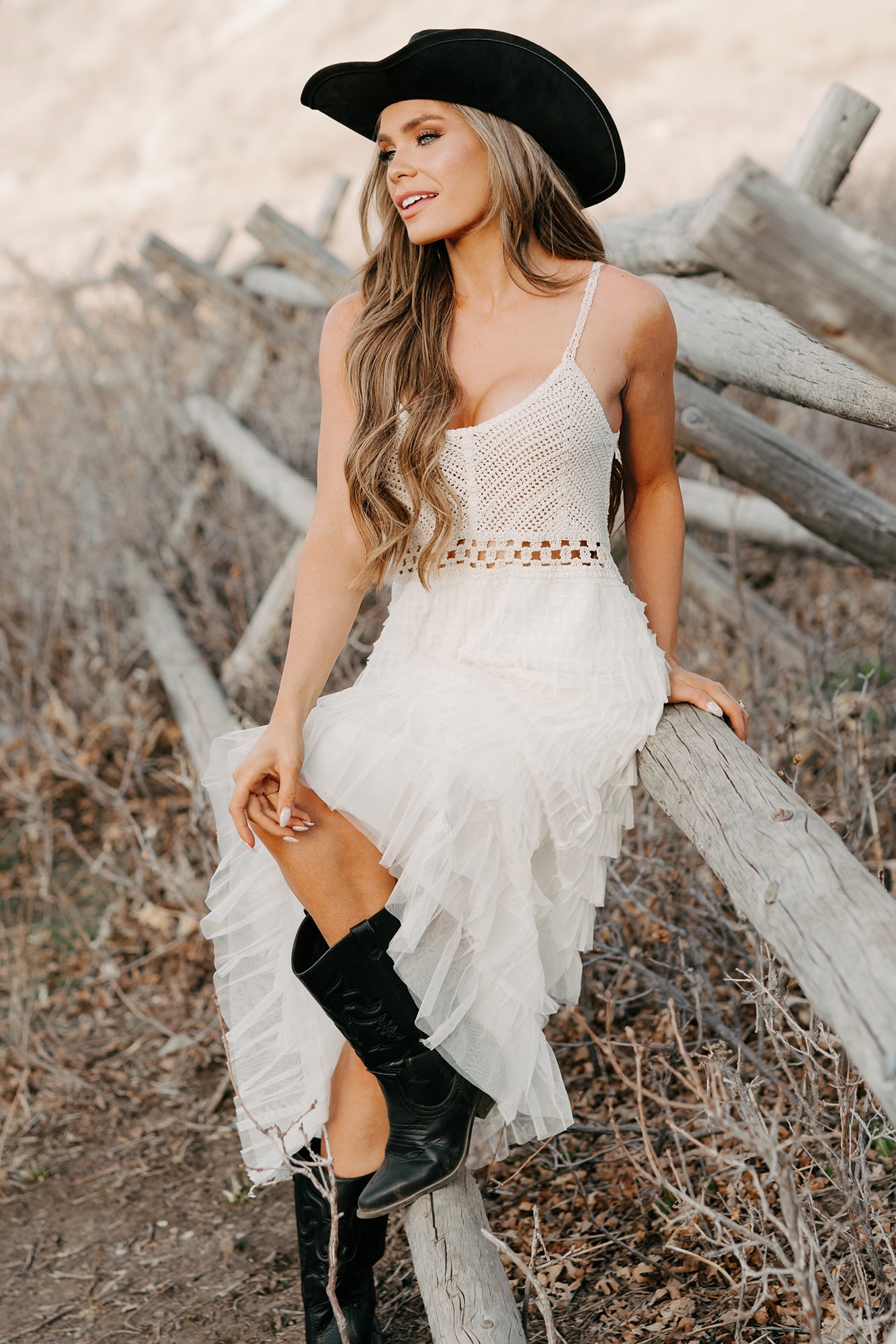 Sunlit Serenity Crochet Ruffle POL Dress (Natural)