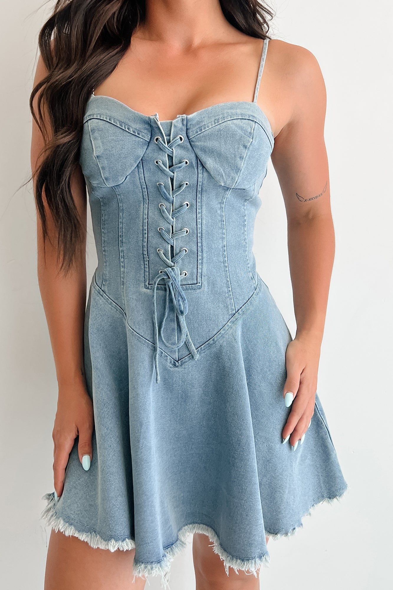 Watch Her Rise Sleeveless Denim Mini Dress (Denim)
