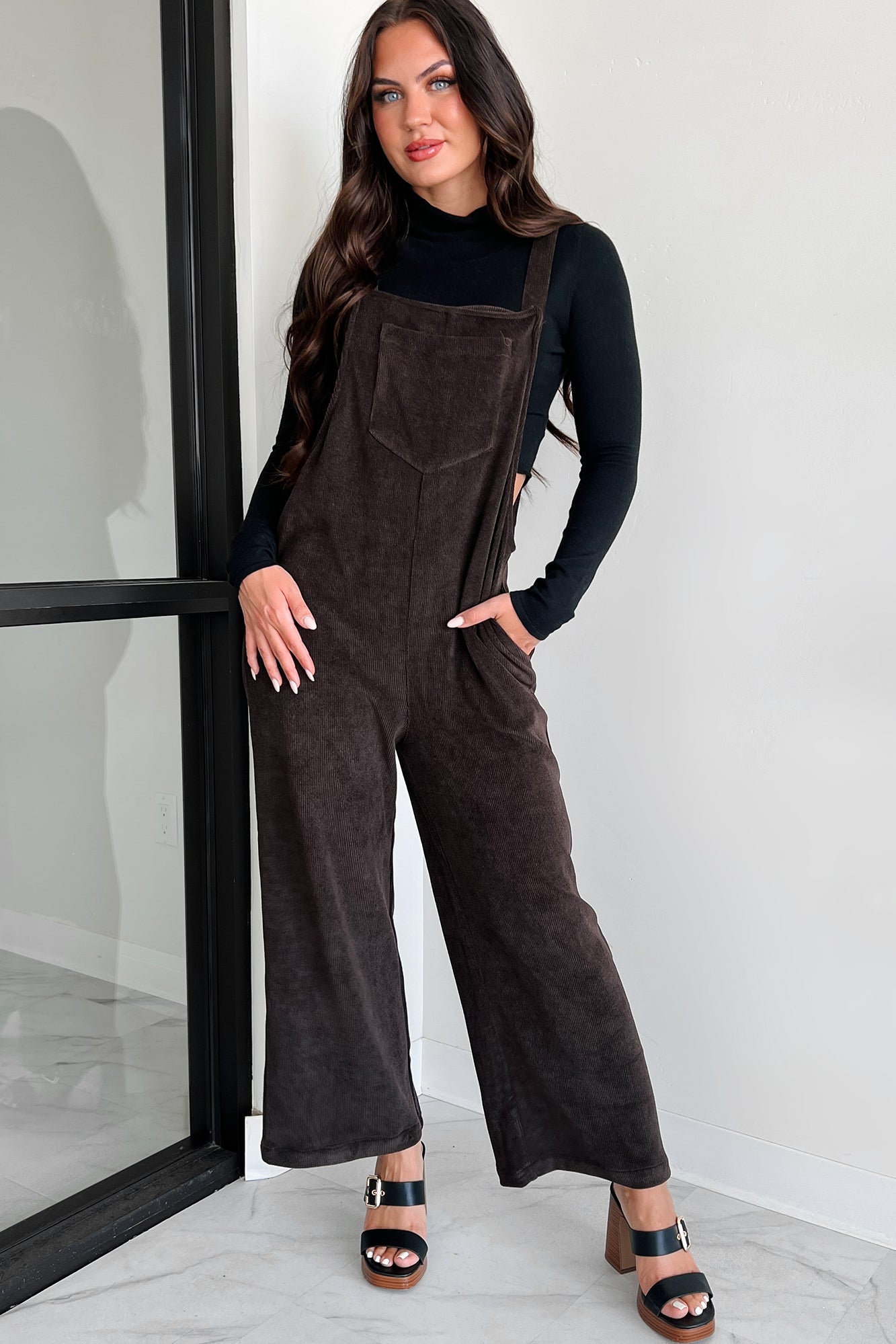 Playful Impression Soft Corduroy Overall Jumpsuit (Dark Brown)
