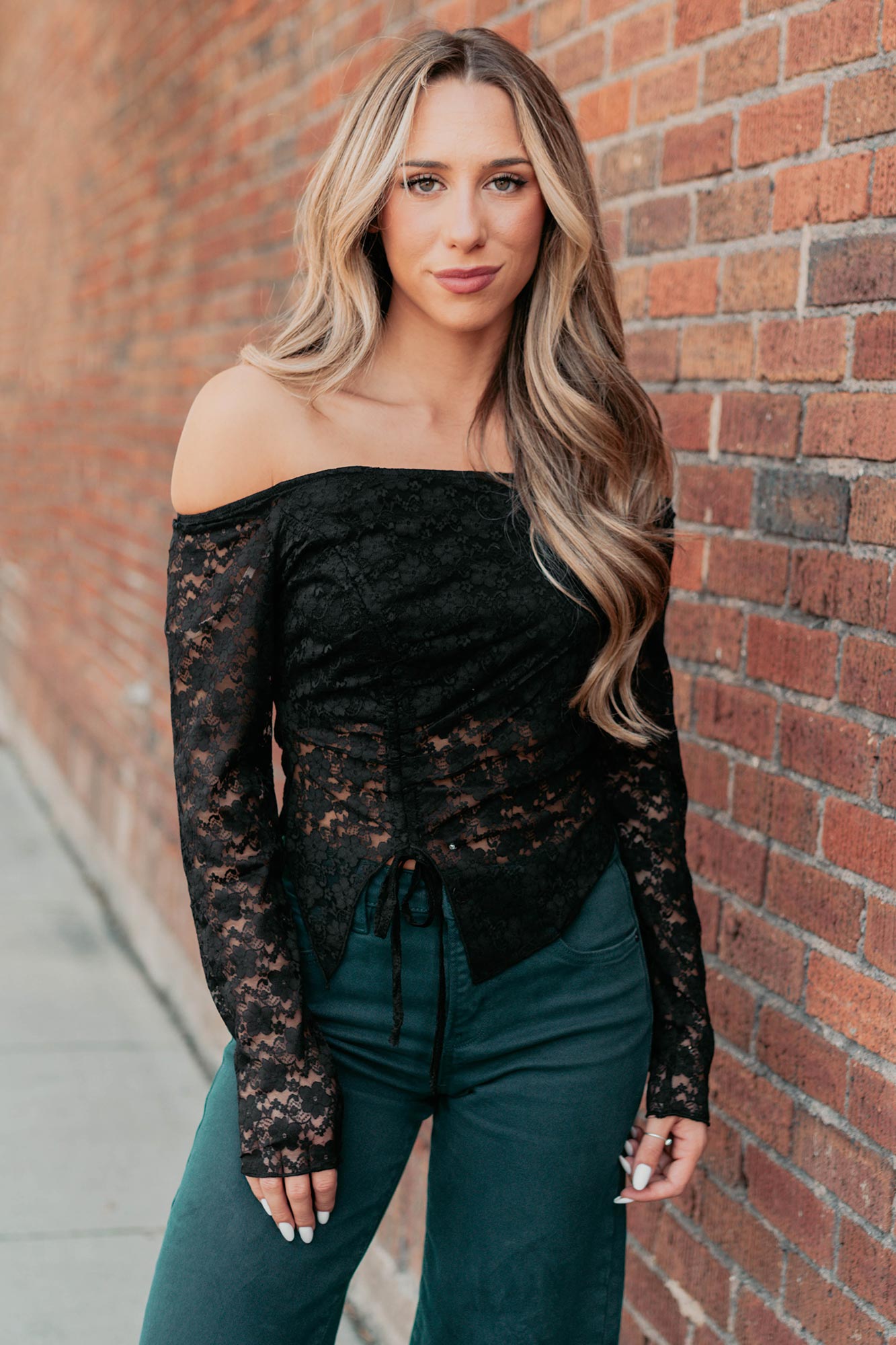 Up To Standard Ruched Lace Asymmetric Top (Black)