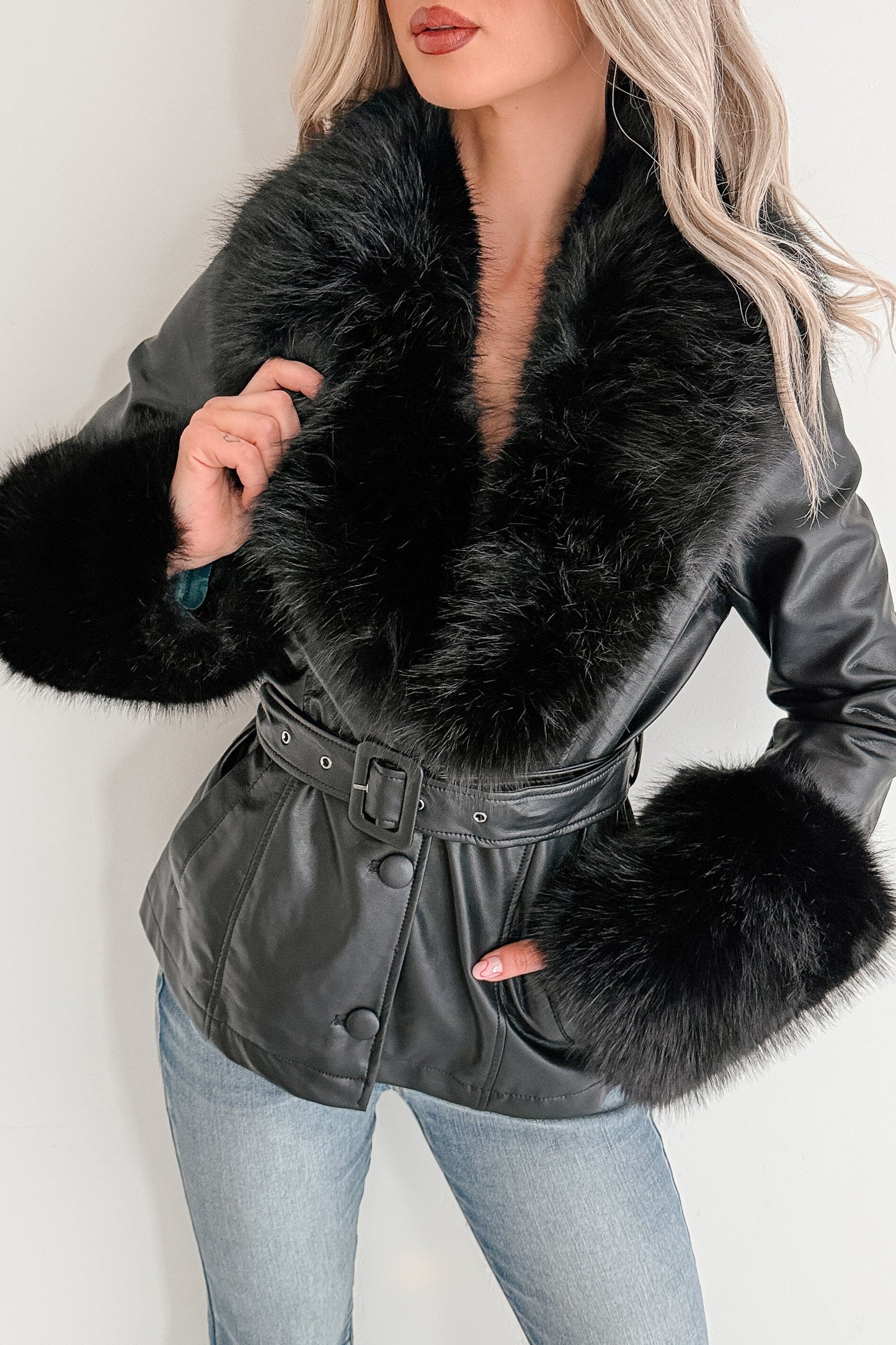 Star Quality Fur Trim Faux Leather Jacket (Black)