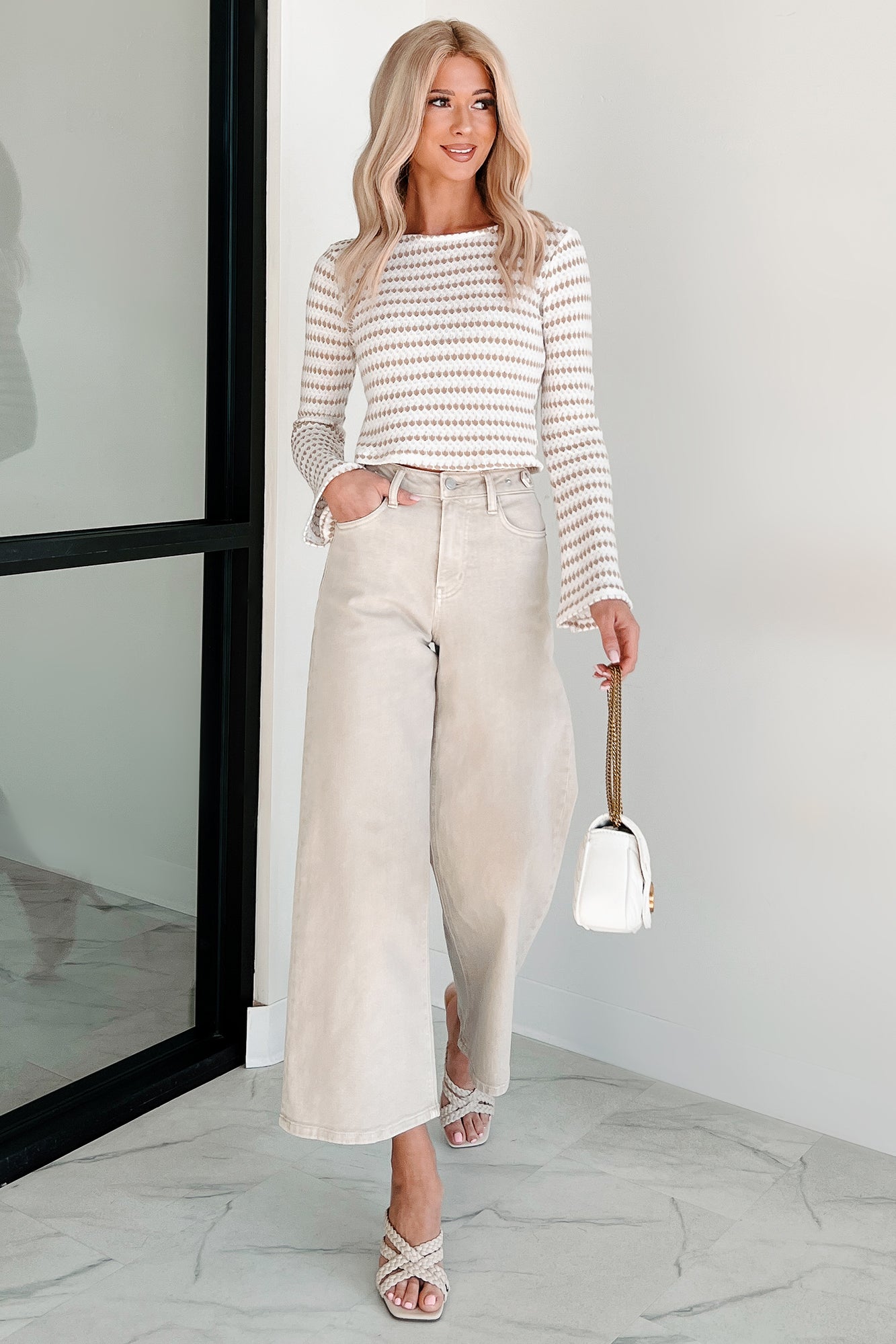 Timeless Charm Striped Long Sleeve Top (Cream/Taupe)