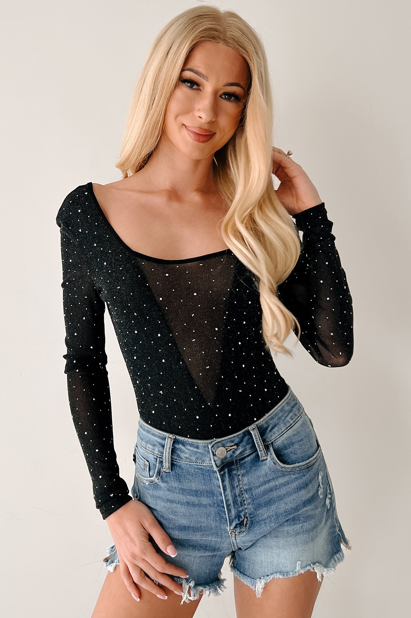 Sparkle Over Stress Rhinestone Mesh Bodysuit (Black)