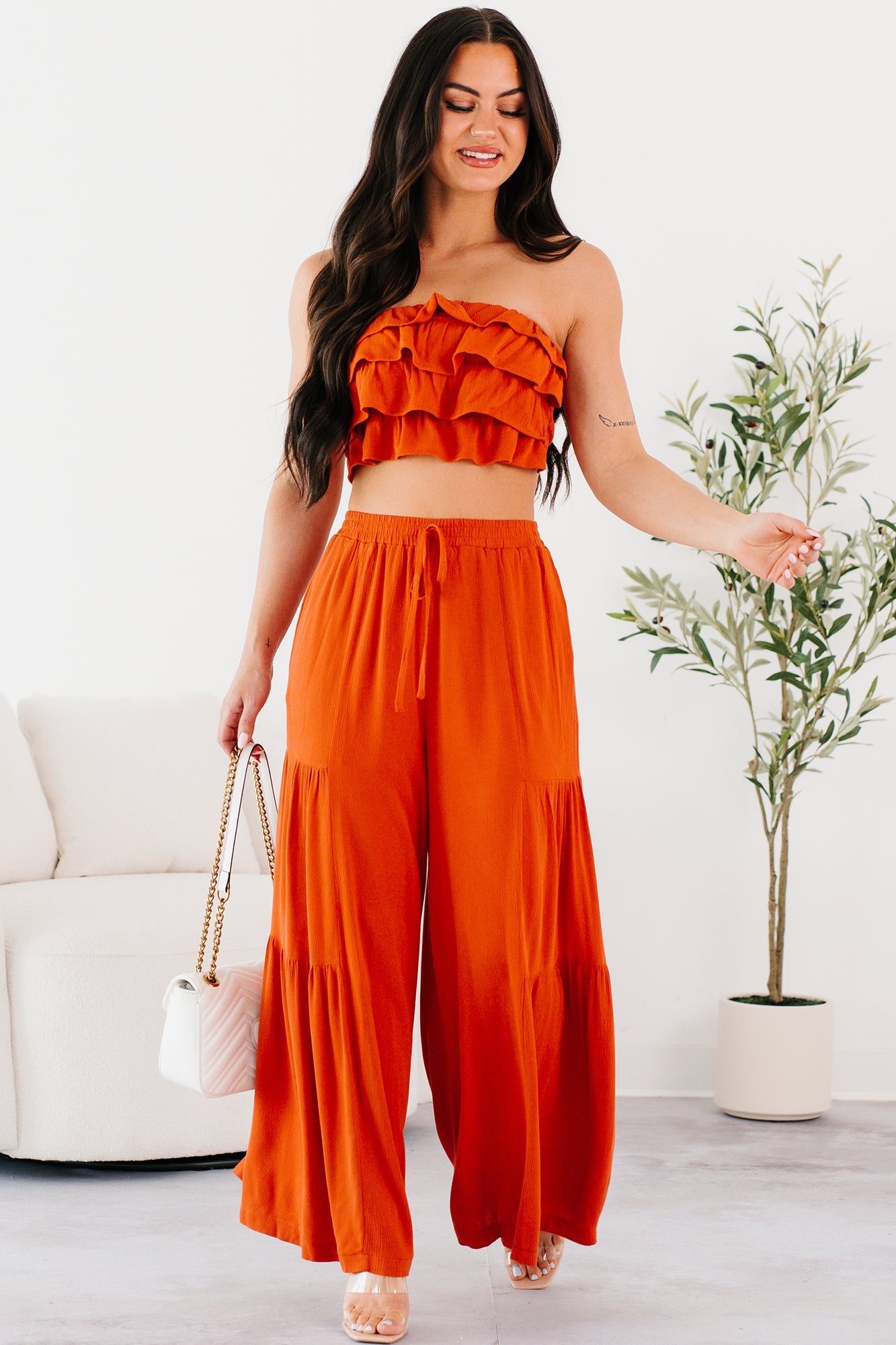 Vivid Blooms Ruffled Tube Top & Pant Set (Rust)
